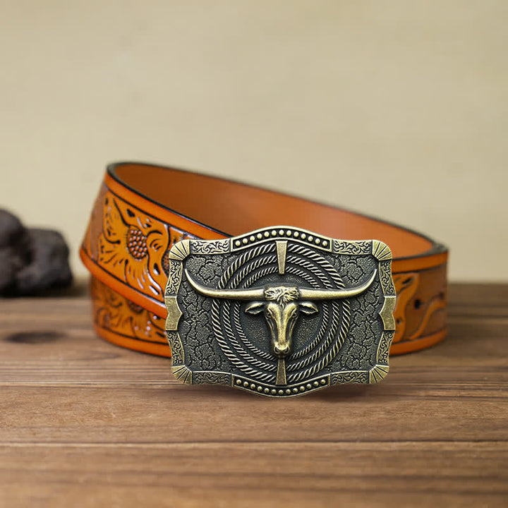 Cinturón de cuero con hebilla de cabeza de toro estilo western para hombre, hecho a mano