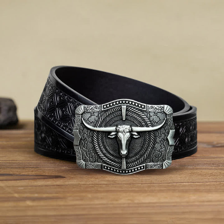 Cinturón de cuero con hebilla de cabeza de toro estilo western para hombre, hecho a mano