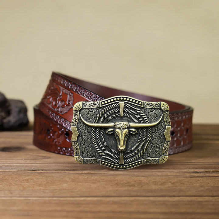 Cinturón de cuero con hebilla de cabeza de toro estilo western para hombre, hecho a mano