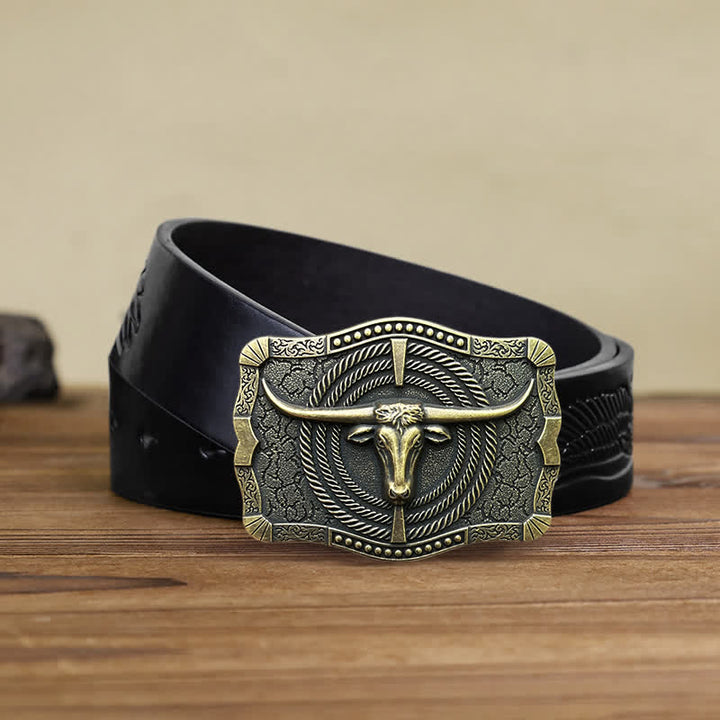 Cinturón de cuero con hebilla de cabeza de toro estilo western para hombre, hecho a mano