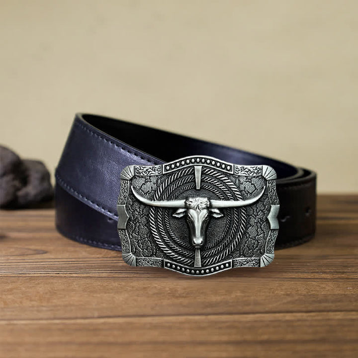 Cinturón de cuero con hebilla de cabeza de toro estilo western para hombre, hecho a mano