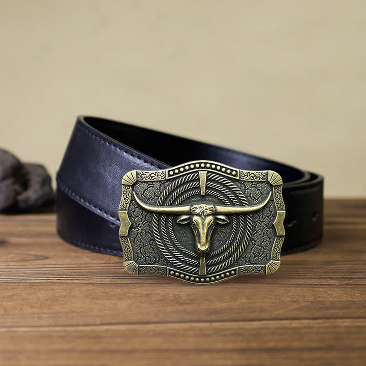 Cinturón de cuero con hebilla de cabeza de toro estilo western para hombre, hecho a mano