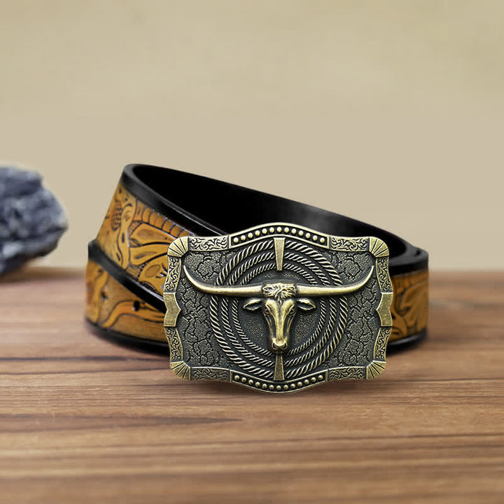 Cinturón de cuero con hebilla de cabeza de toro estilo western para hombre, hecho a mano