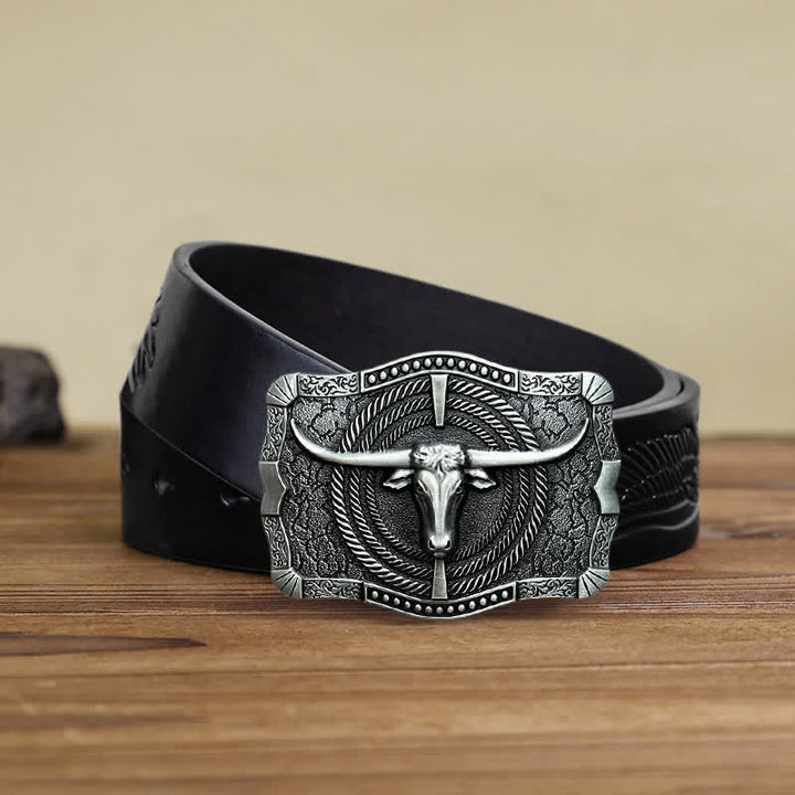Cinturón de cuero con hebilla de cabeza de toro estilo western para hombre, hecho a mano
