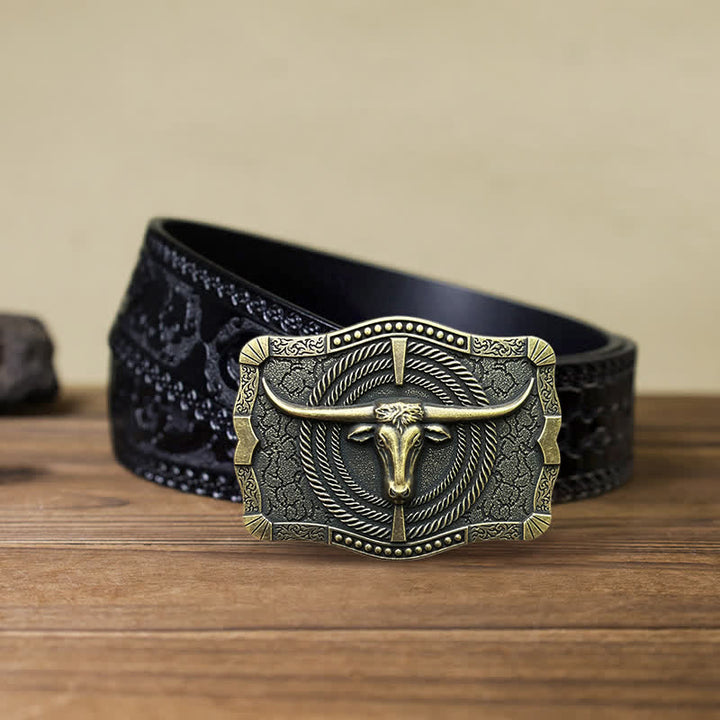 Cinturón de cuero con hebilla de cabeza de toro estilo western para hombre, hecho a mano