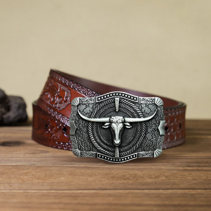 Cinturón de cuero con hebilla de cabeza de toro estilo western para hombre, hecho a mano