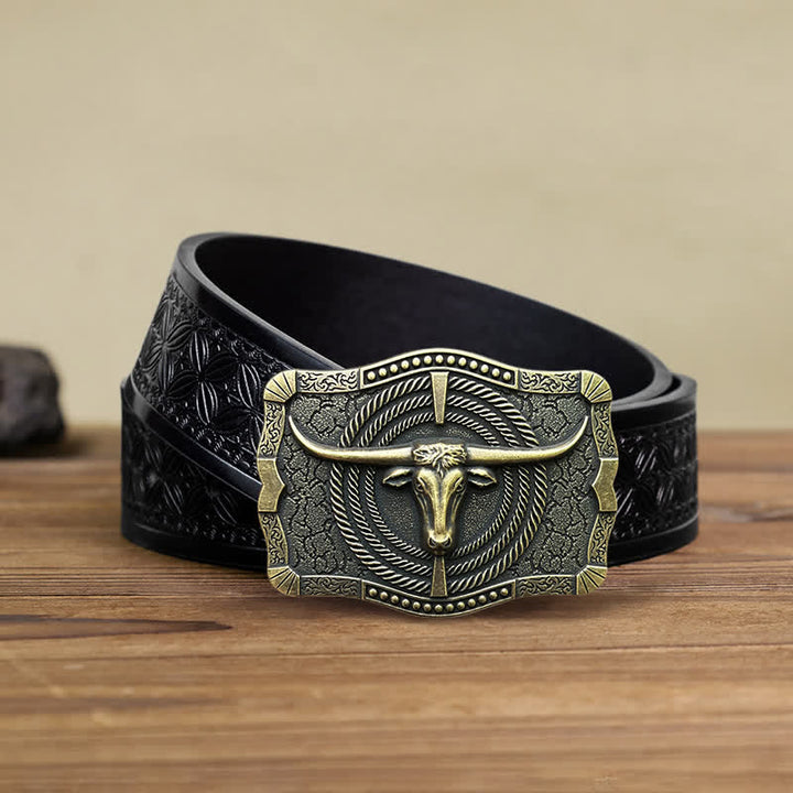 Cinturón de cuero con hebilla de cabeza de toro estilo western para hombre, hecho a mano