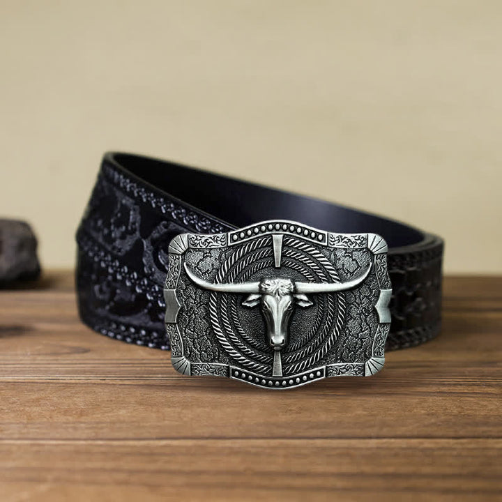 Cinturón de cuero con hebilla de cabeza de toro estilo western para hombre, hecho a mano