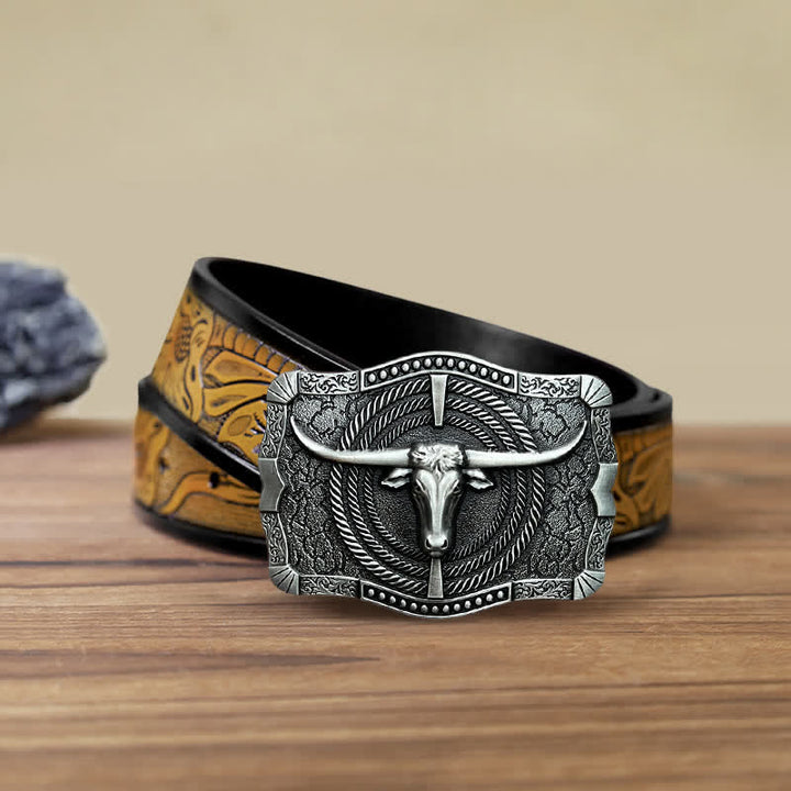 Cinturón de cuero con hebilla de cabeza de toro estilo western para hombre, hecho a mano