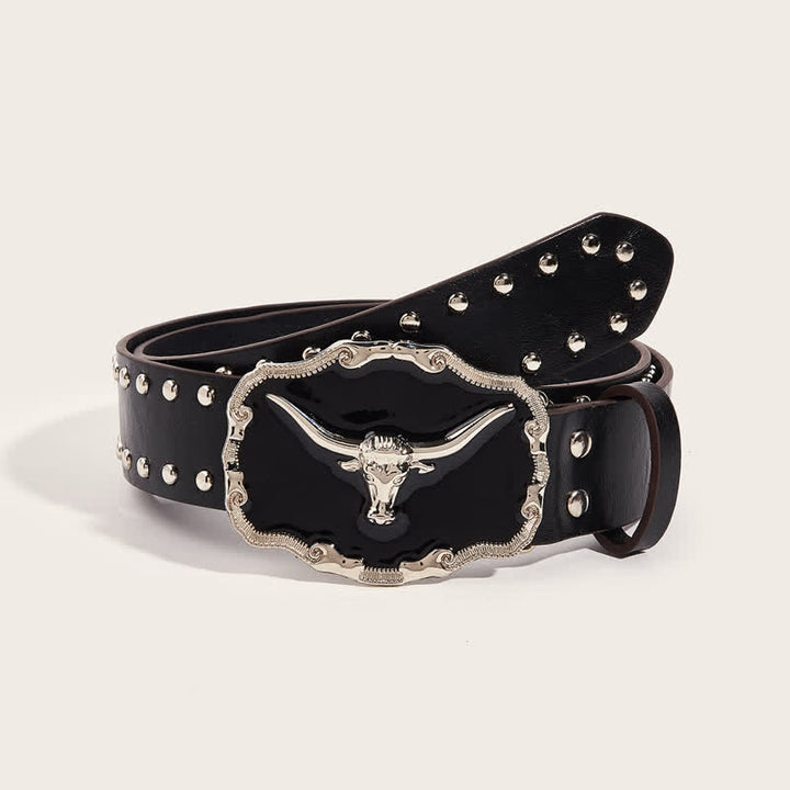 Cinturón de cuero con remaches de toro Longhorn negro para hombre