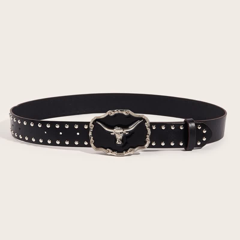 Cinturón de cuero con remaches de toro Longhorn negro para hombre