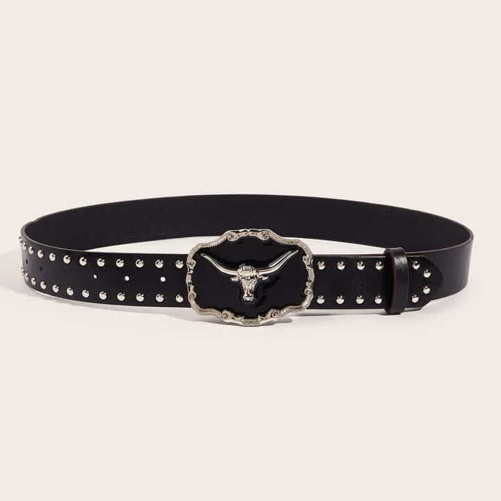 Cinturón de cuero con remaches de toro Longhorn negro para hombre