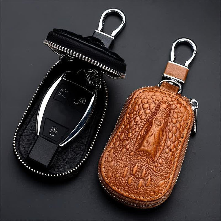 Estuche para llaves de coche de cuero con cremallera y diseño de cocodrilo.
