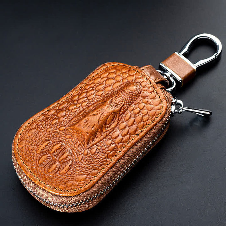 Estuche para llaves de coche de cuero con cremallera y diseño de cocodrilo.