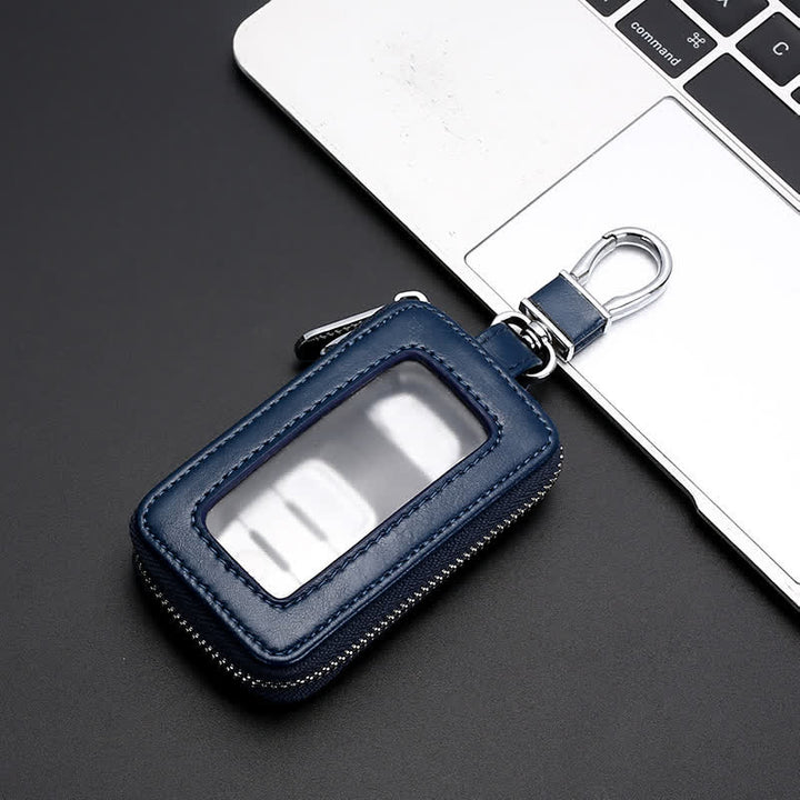 Cómodo estuche de cuero para llaves con ventana transparente y cremallera