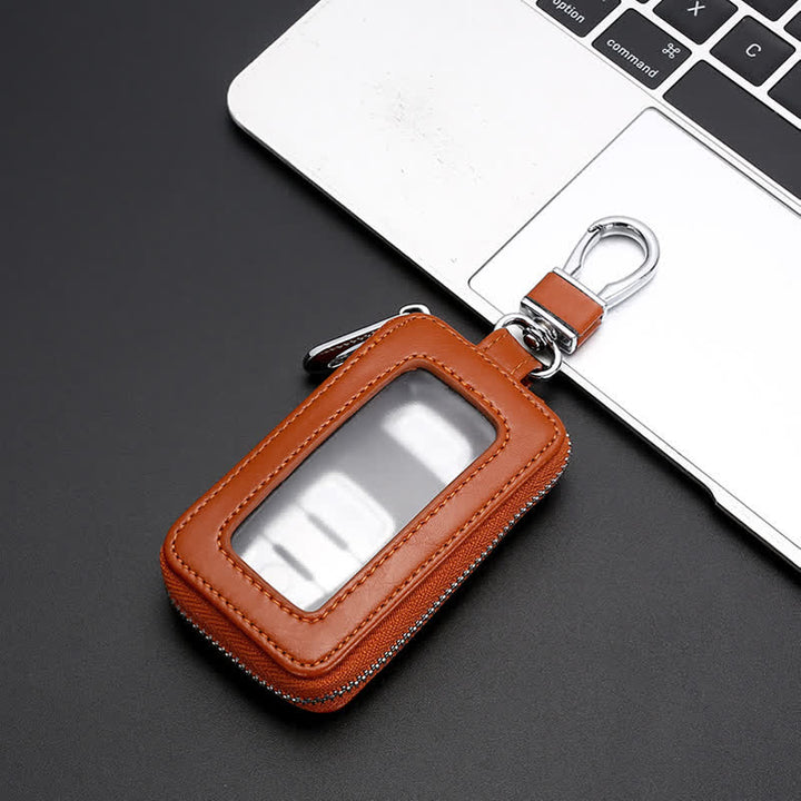 Cómodo estuche de cuero para llaves con ventana transparente y cremallera