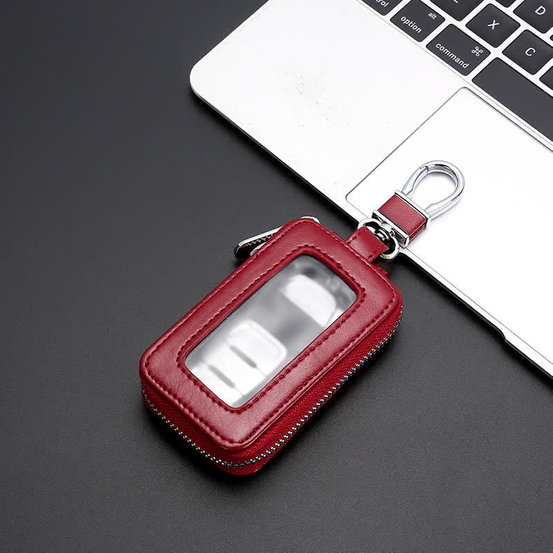 Cómodo estuche de cuero para llaves con ventana transparente y cremallera