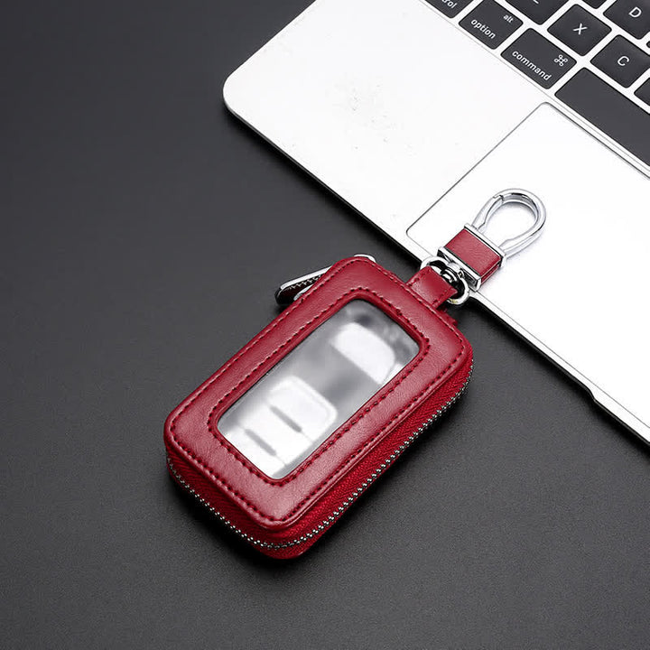 Cómodo estuche de cuero para llaves con ventana transparente y cremallera