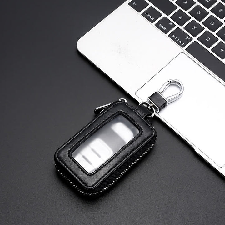 Cómodo estuche de cuero para llaves con ventana transparente y cremallera