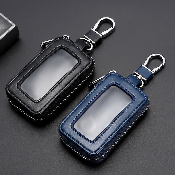 Cómodo estuche de cuero para llaves con ventana transparente y cremallera