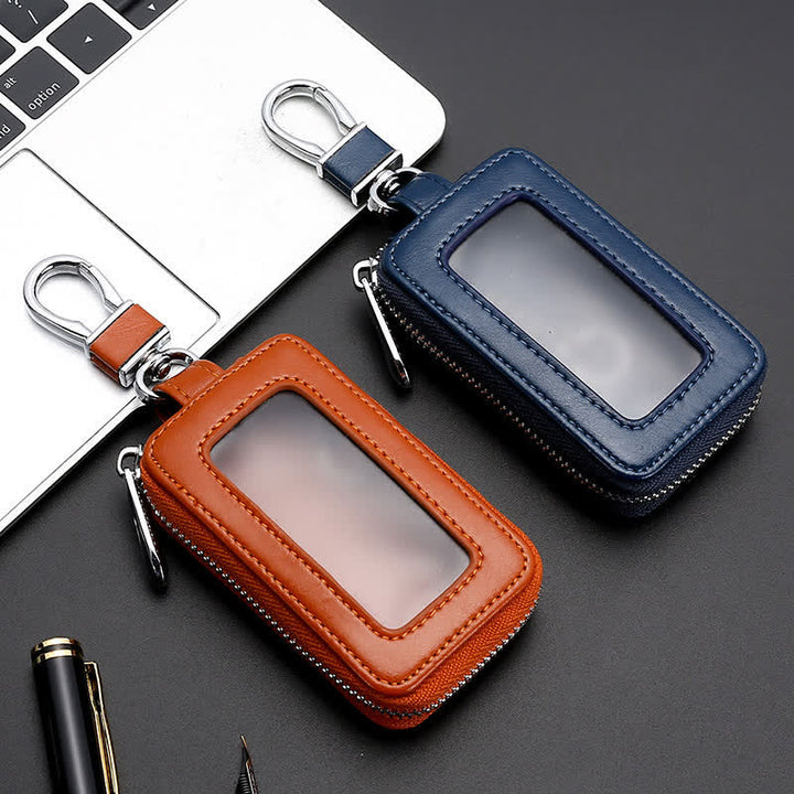 Cómodo estuche de cuero para llaves con ventana transparente y cremallera