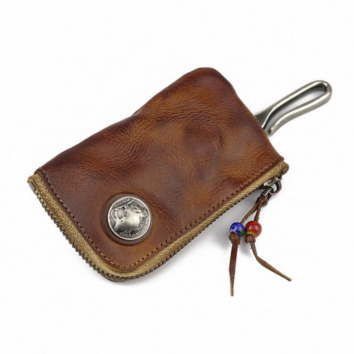 Cartera de cuero con cremallera estilo medieval vintage y estuche para llaves