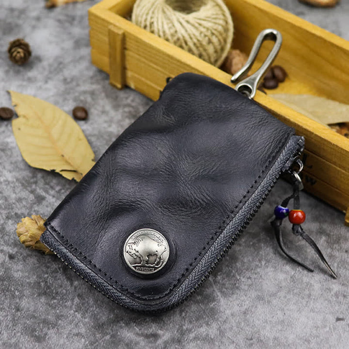 Cartera de cuero con cremallera estilo medieval vintage y estuche para llaves