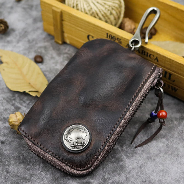 Cartera de cuero con cremallera estilo medieval vintage y estuche para llaves