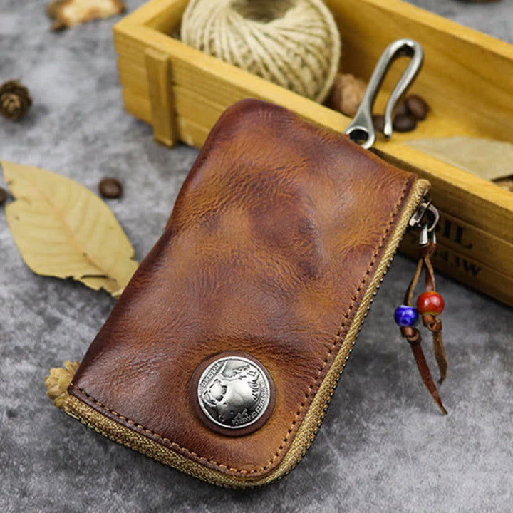Cartera de cuero con cremallera estilo medieval vintage y estuche para llaves