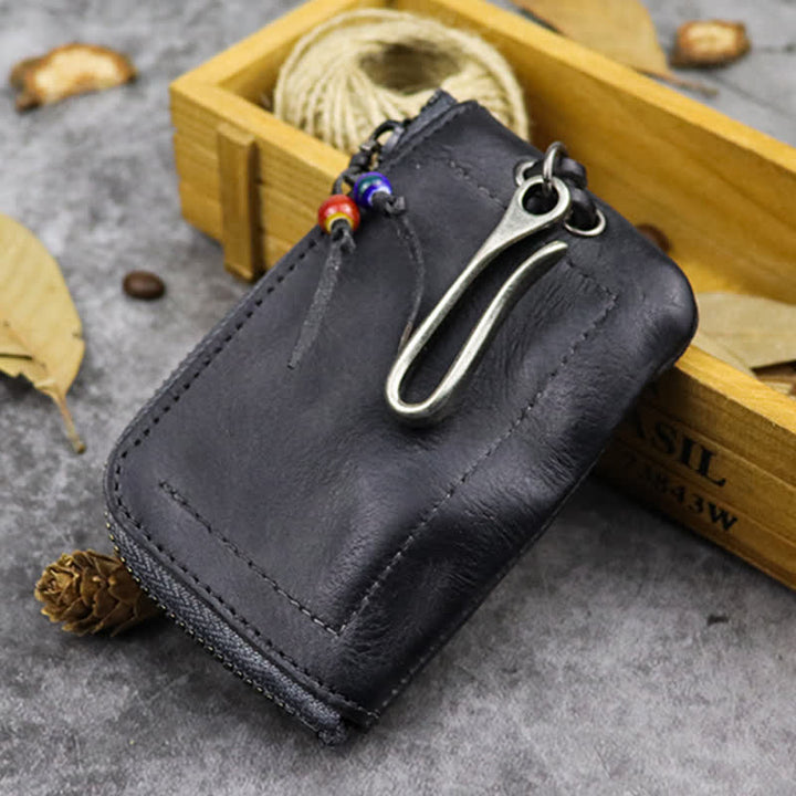 Cartera de cuero con cremallera estilo medieval vintage y estuche para llaves