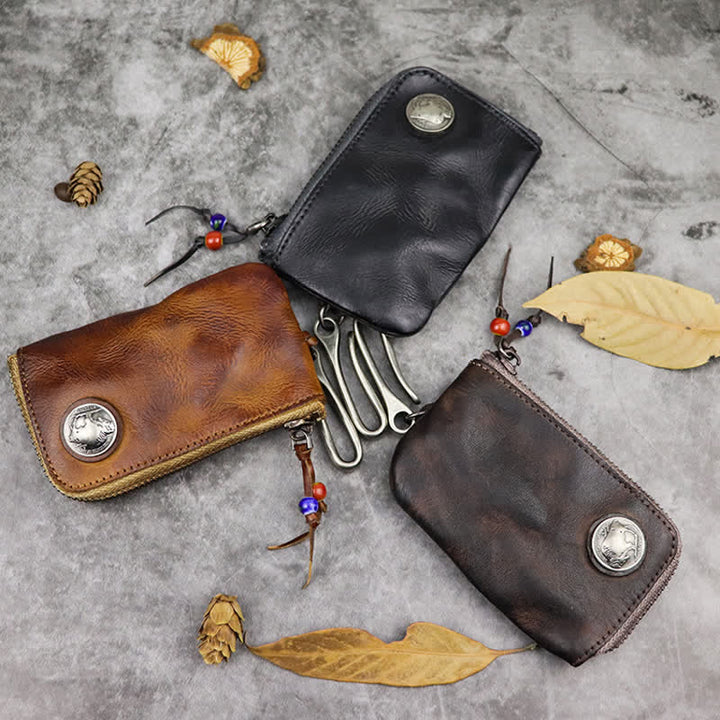 Cartera de cuero con cremallera estilo medieval vintage y estuche para llaves