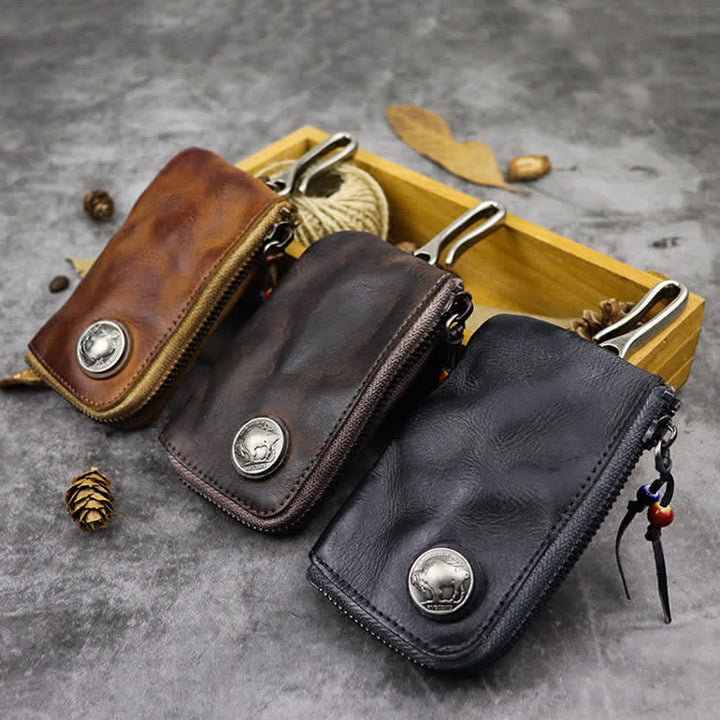 Cartera de cuero con cremallera estilo medieval vintage y estuche para llaves