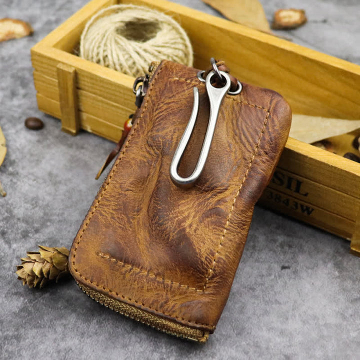 Cartera de cuero con cremallera estilo medieval vintage y estuche para llaves