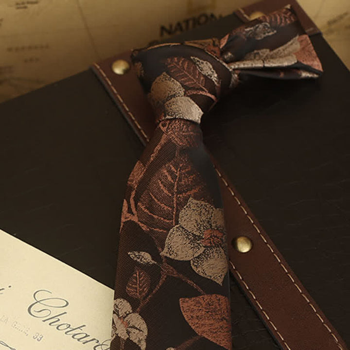 Corbata de lazo con estampado floral de hojas marrones otoñales para hombre