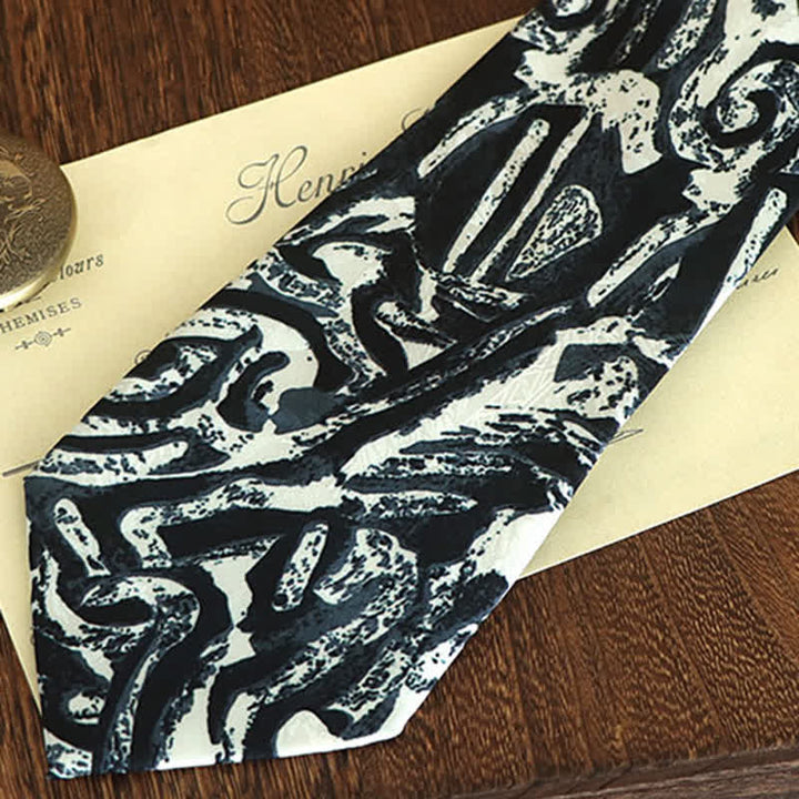 Corbata blanca con estampado abstracto azul oscuro para hombre