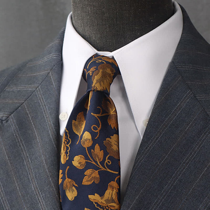 Corbata azul marino con diseño de glorias matinales doradas para hombre