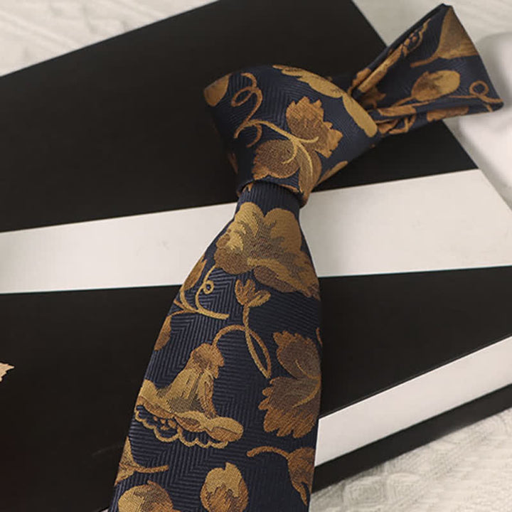Corbata azul marino con diseño de glorias matinales doradas para hombre