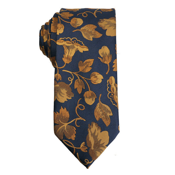 Corbata azul marino con diseño de glorias matinales doradas para hombre