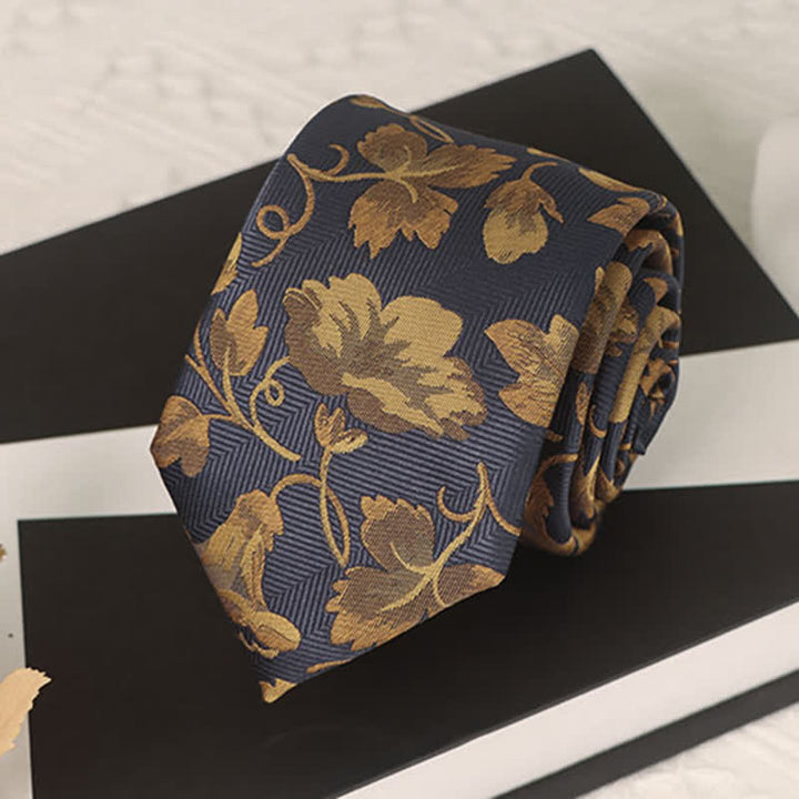 Corbata azul marino con diseño de glorias matinales doradas para hombre