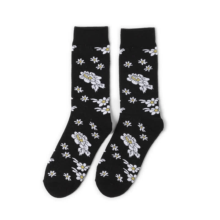Calcetines negros con diseño de margaritas blancas pequeñas para hombre