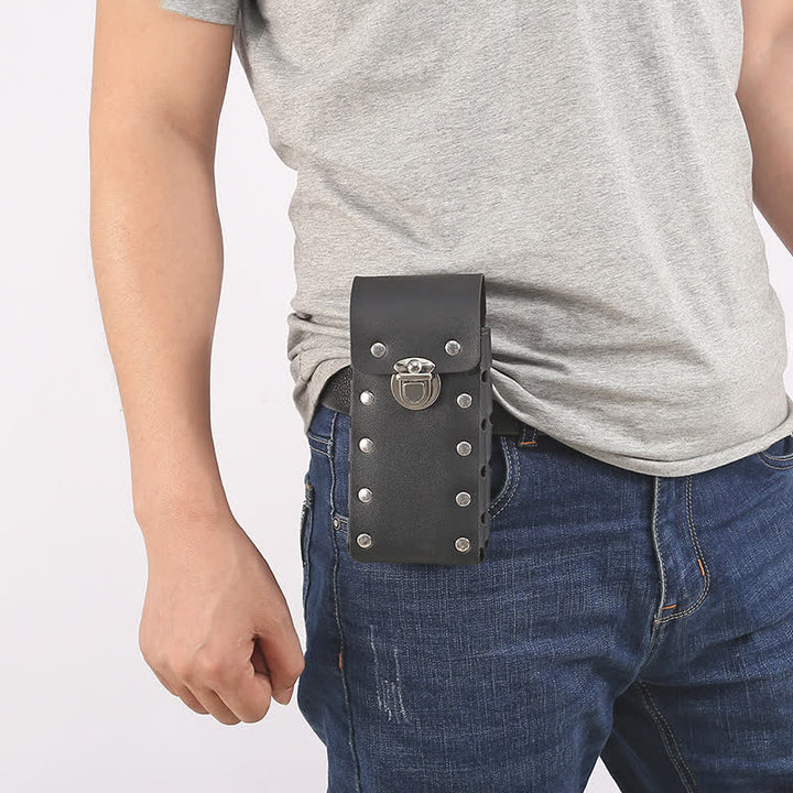 Cinturón de cuero universal para teléfono con botón decorativo con remaches