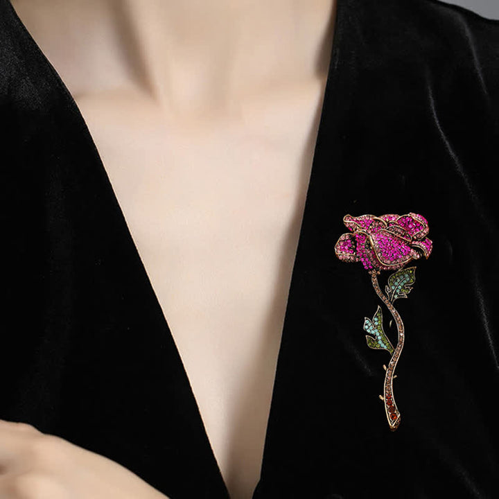 Broche de diamantes de imitación con forma de rosa y rama larga para mujer