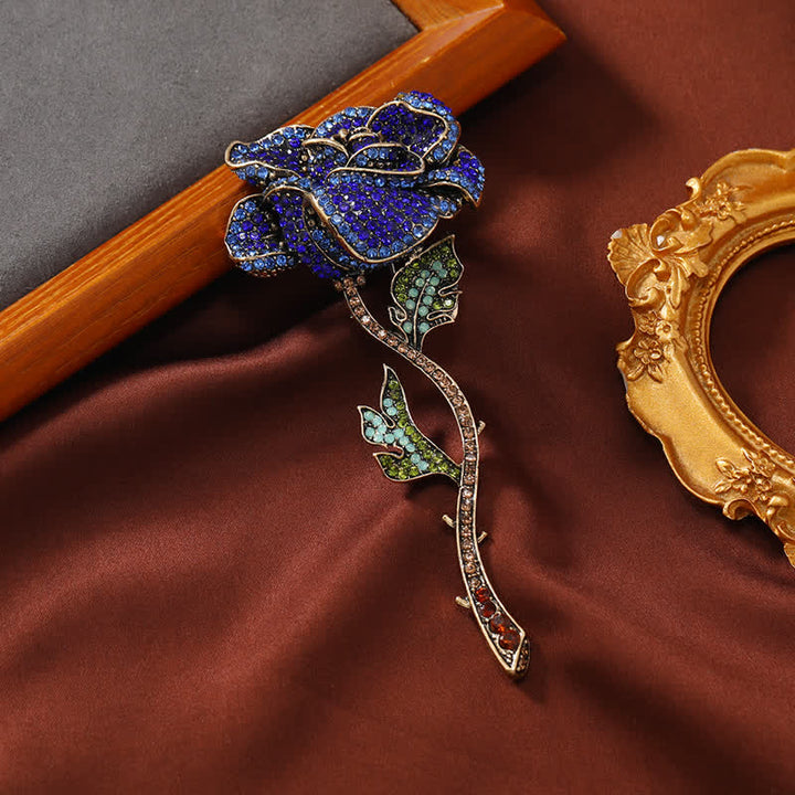 Broche de diamantes de imitación con forma de rosa y rama larga para mujer