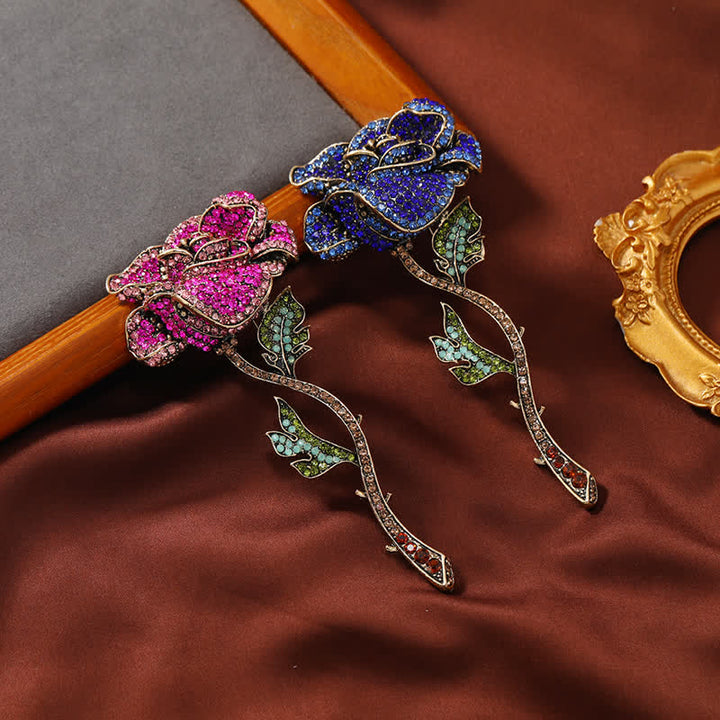 Broche de diamantes de imitación con forma de rosa y rama larga para mujer