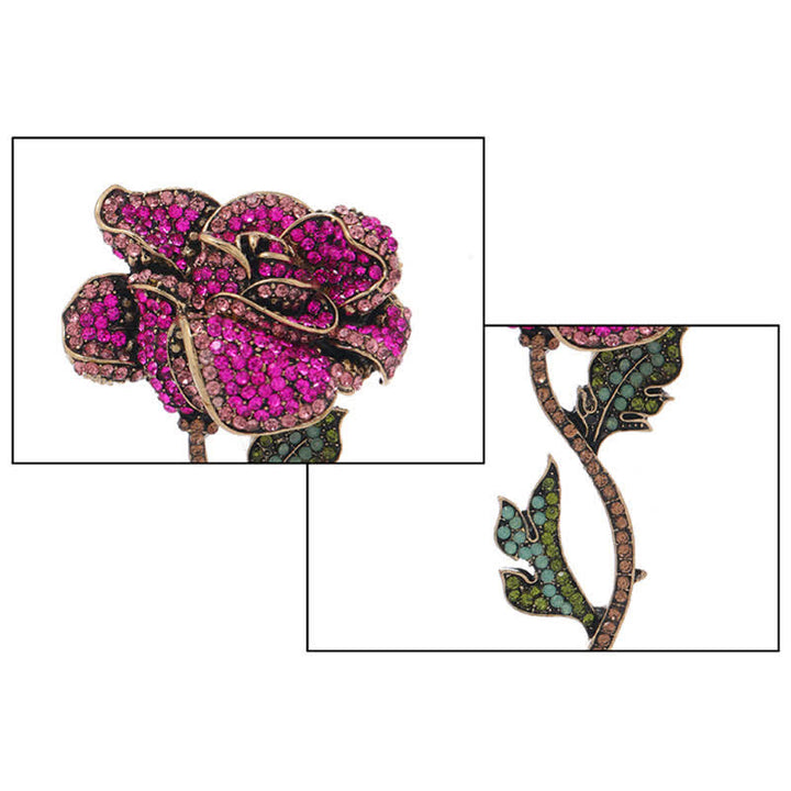 Broche de diamantes de imitación con forma de rosa y rama larga para mujer