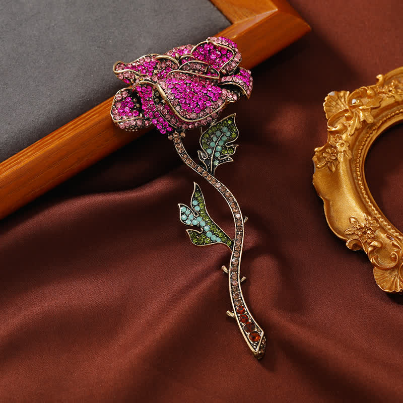 Broche de diamantes de imitación con forma de rosa y rama larga para mujer