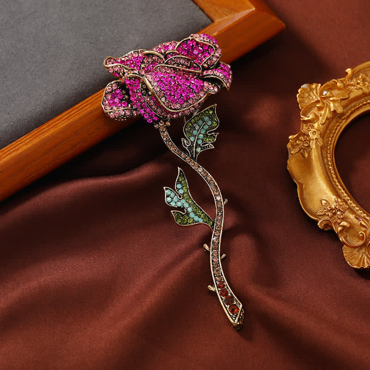 Broche de diamantes de imitación con forma de rosa y rama larga para mujer