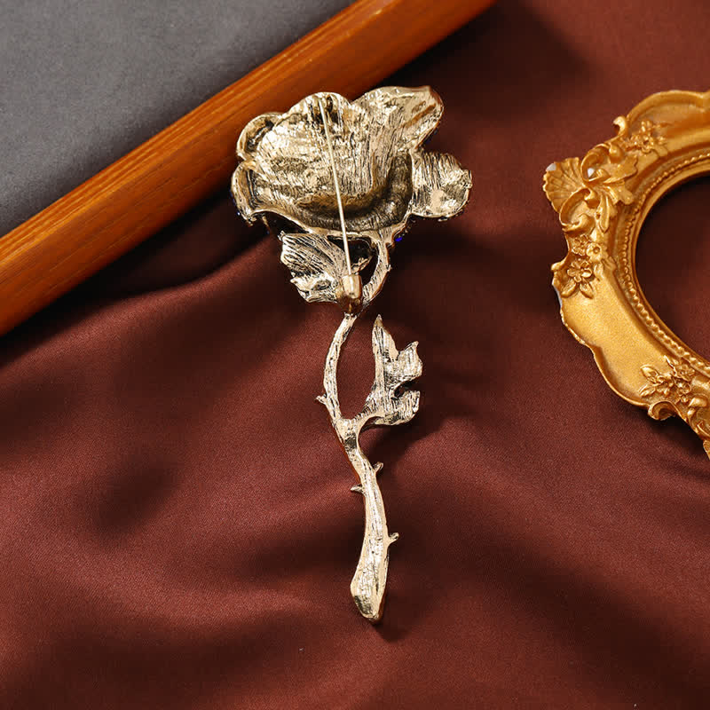 Broche de diamantes de imitación con forma de rosa y rama larga para mujer