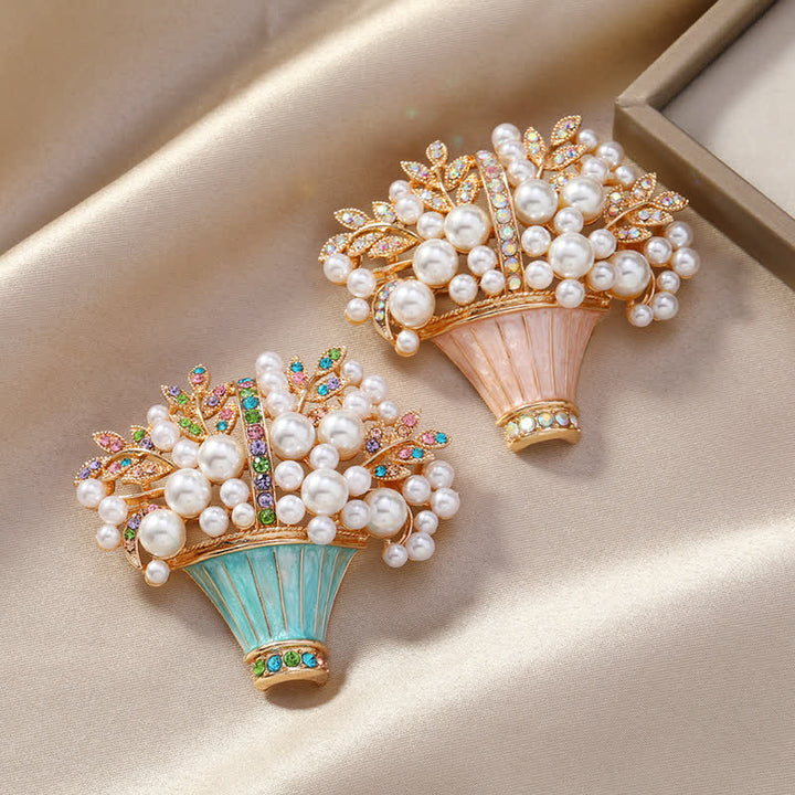 Broche de cesta de flores con perlas de imitación para mujer