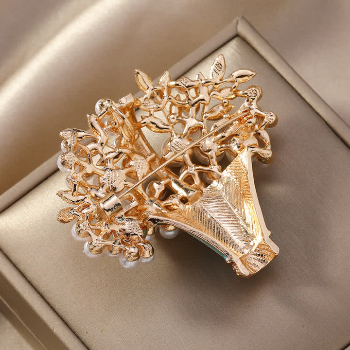 Broche de cesta de flores con perlas de imitación para mujer